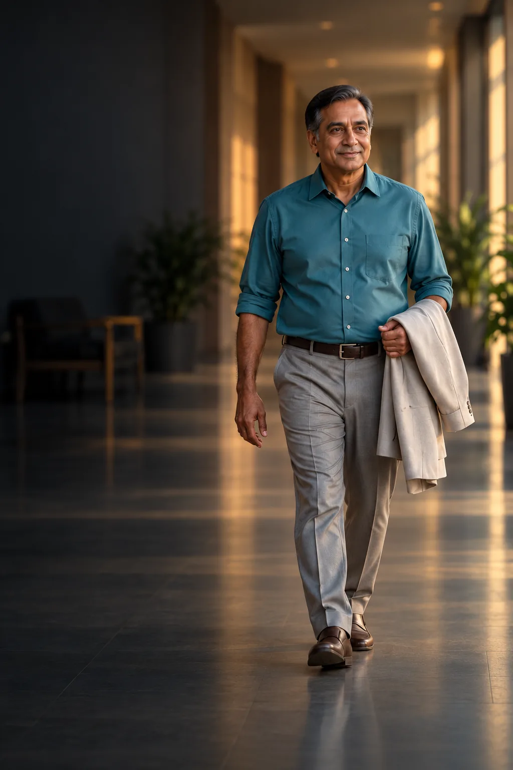 A man in a teal shirt, a jacket over his arm, walking calmly through a bright clinic corridor