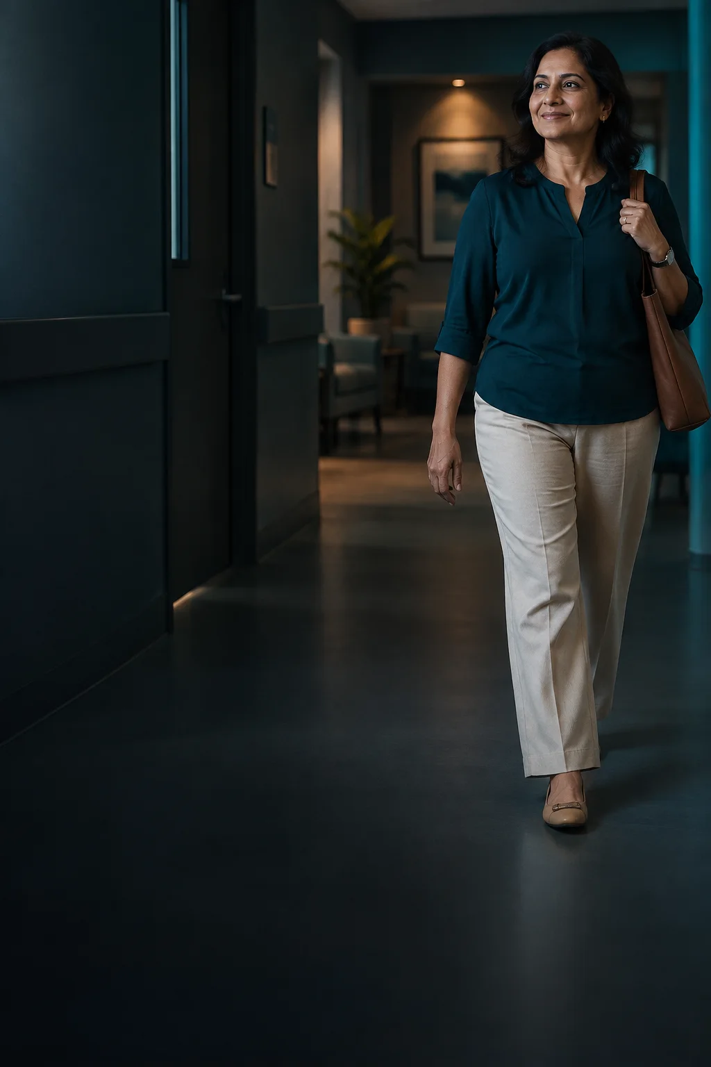 A woman walking comfortably through a clinic corridor