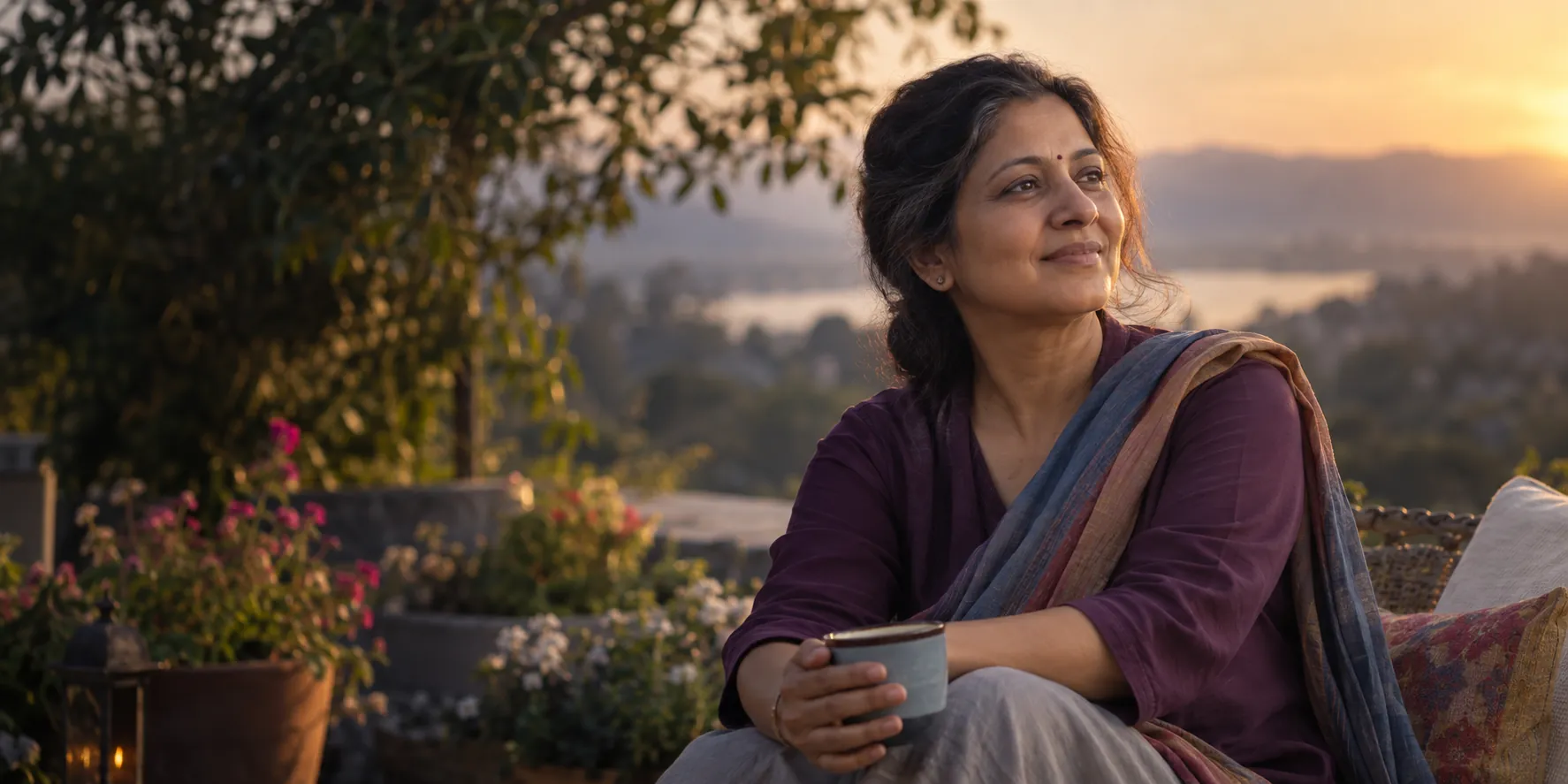 A woman in a hopeful moment in warm evening light