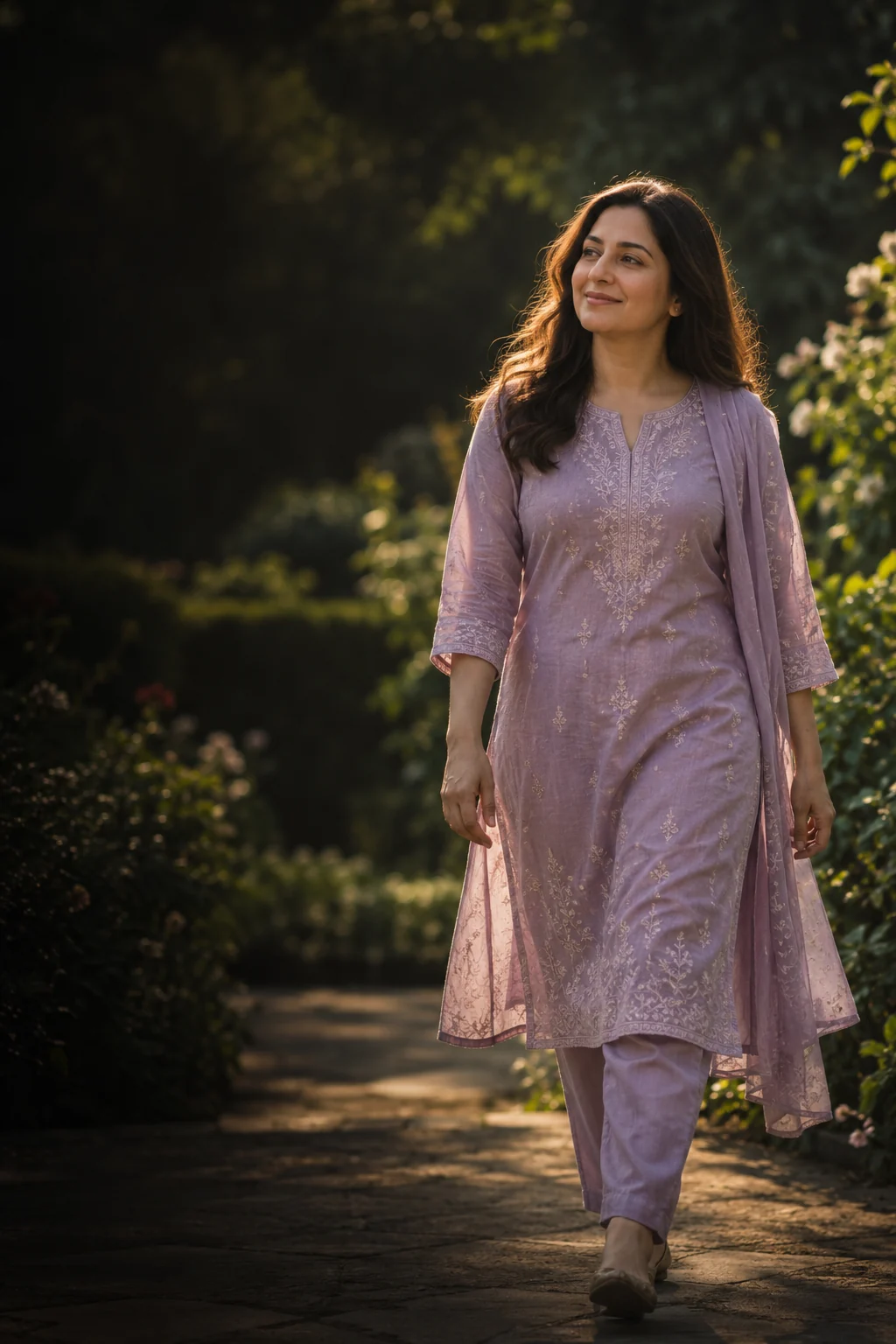 A woman walking comfortably through a garden