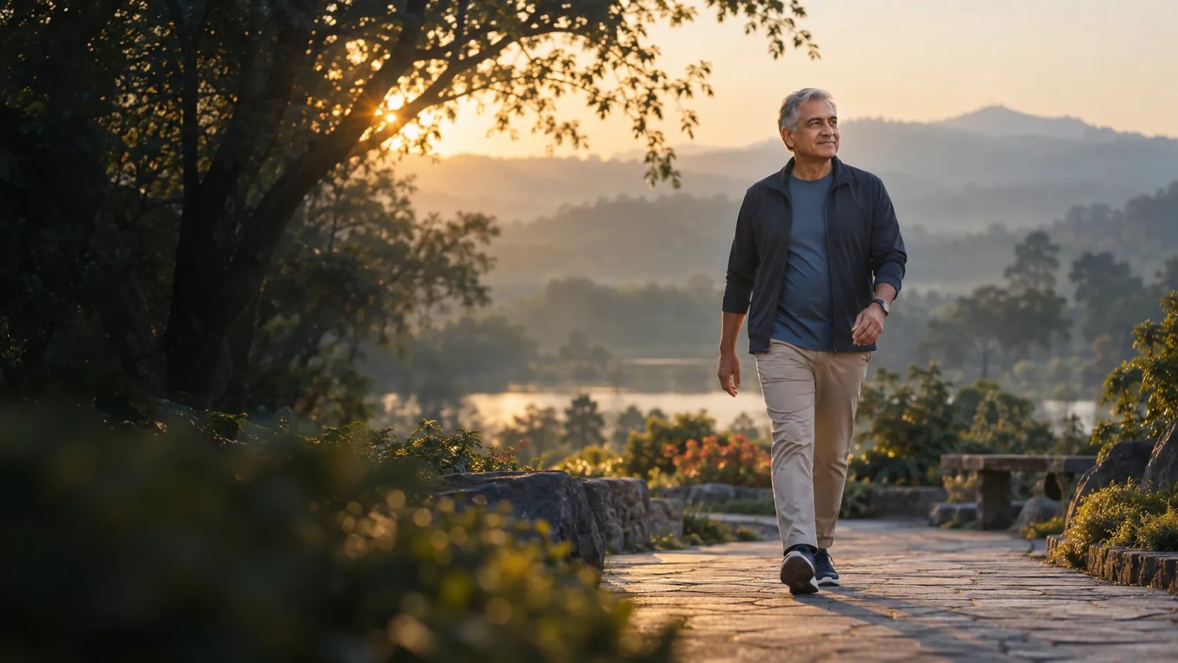 An older man walking comfortably through a park
