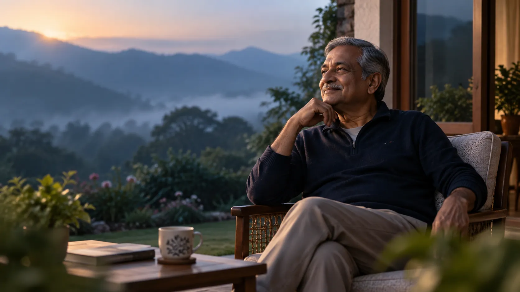 A mature man enjoying a peaceful morning outdoors