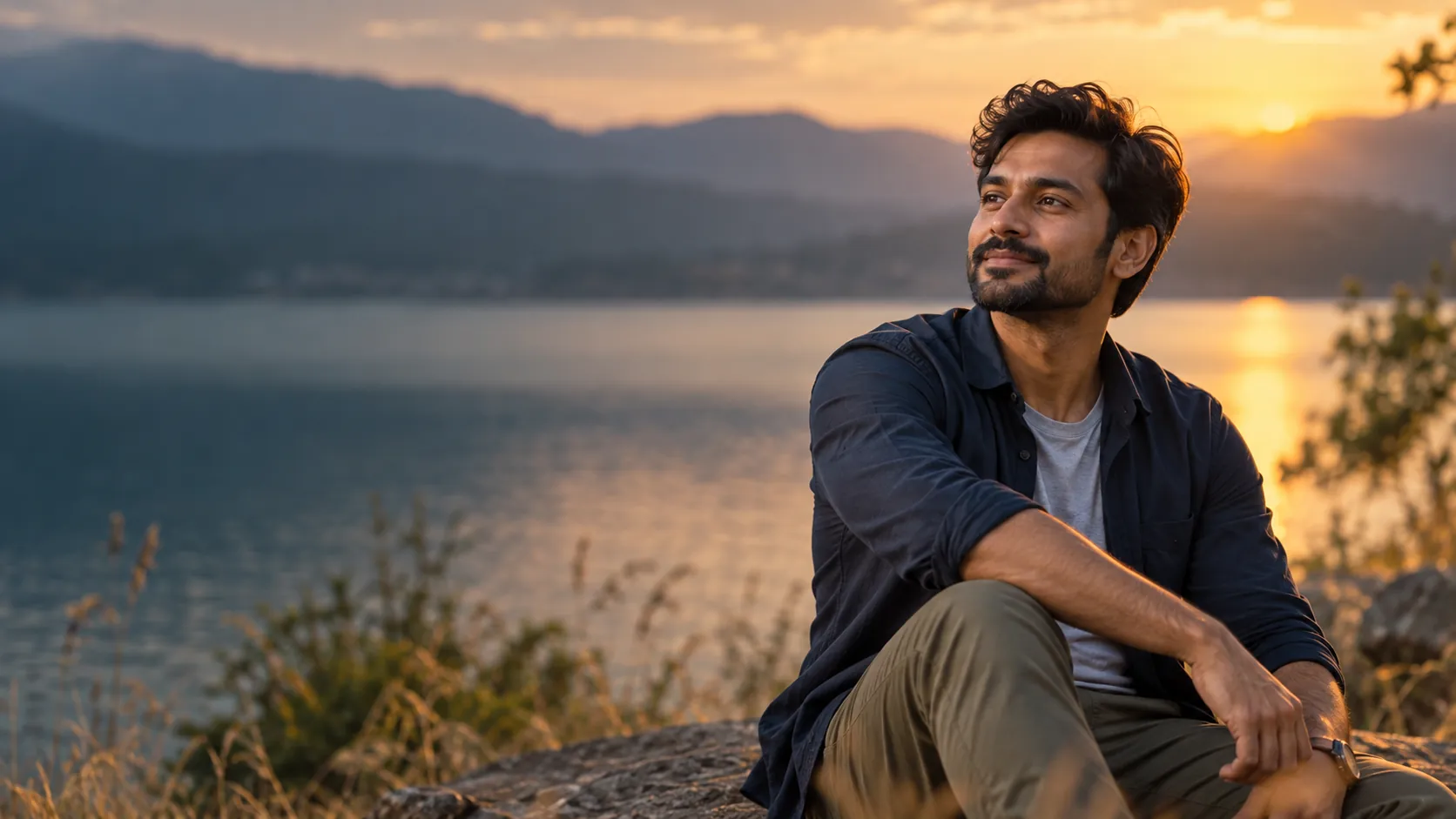 A man beside a lake at sunset