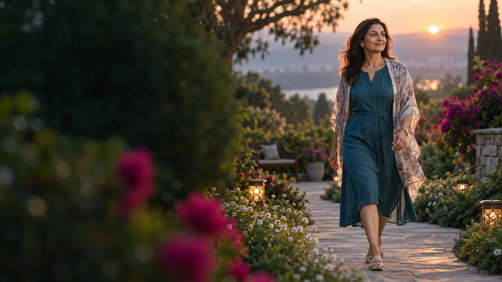 A woman walking through a garden