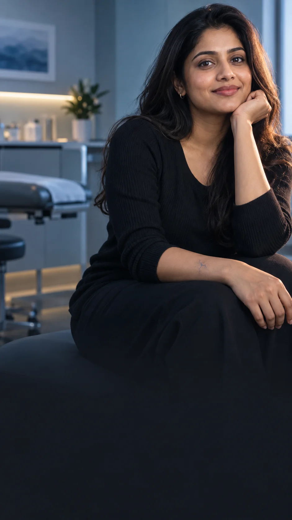 A woman in a calm clinic with a subtle vascular mark on her forearm