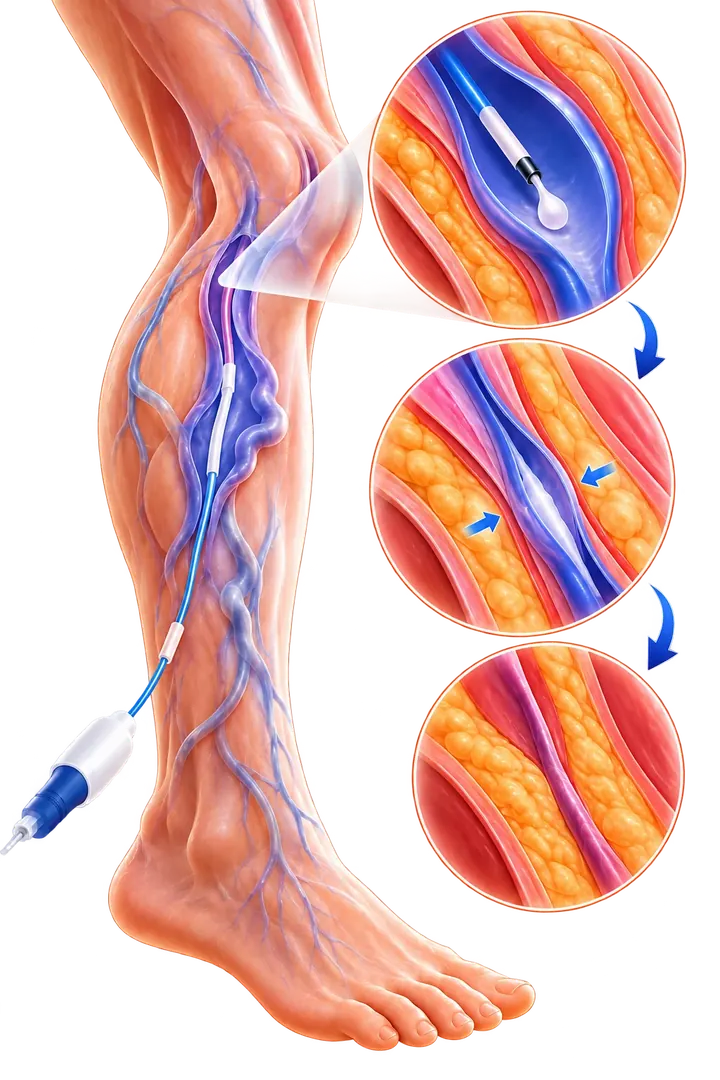 Illustration of a catheter placing medical glue inside a swollen leg vein, the vein walls pressed together, and the vein sealed shut afterwards